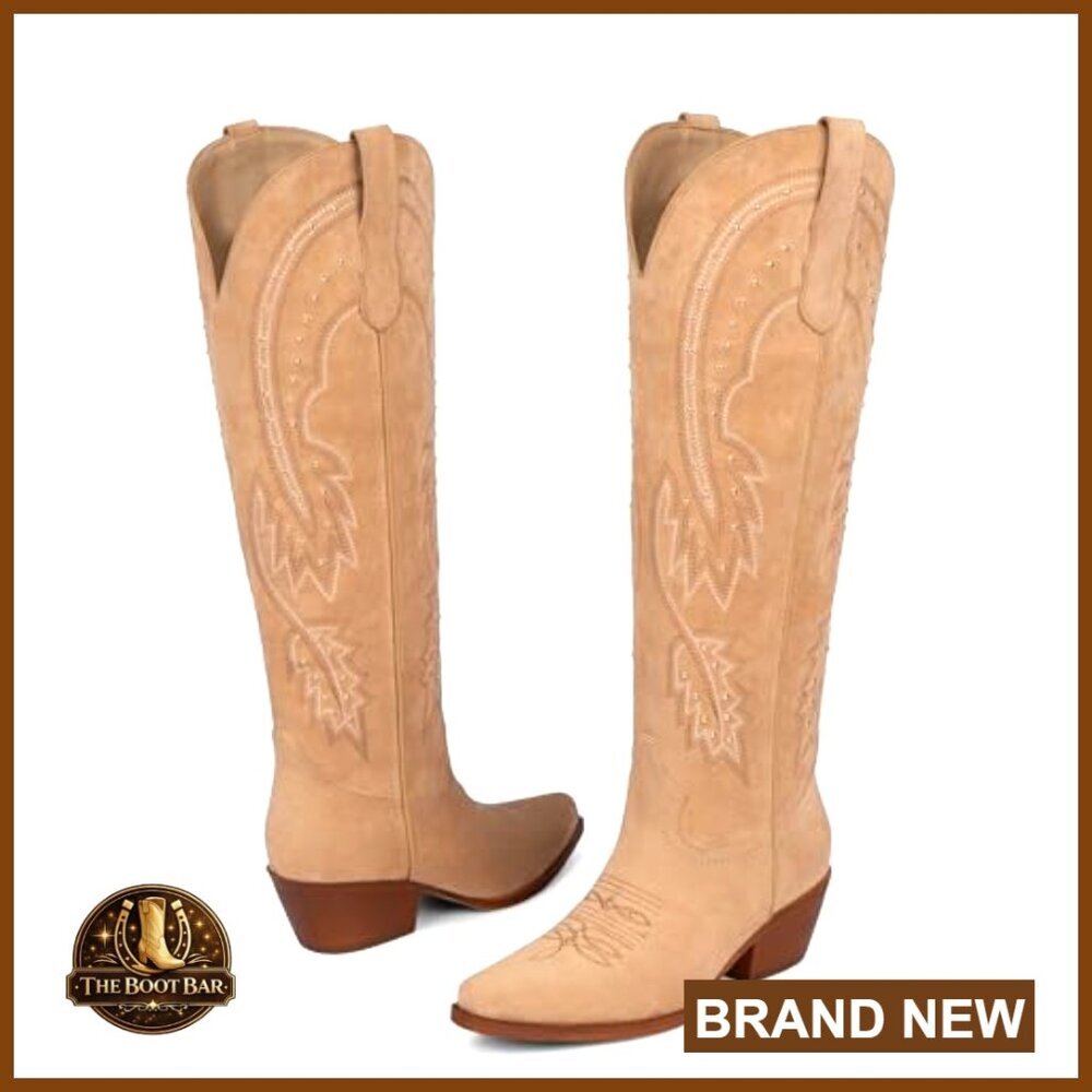Knee High Rhinestone Cowgirl Boots Pointed Toe Slip on Chunky Heel - Picture 4 of 7